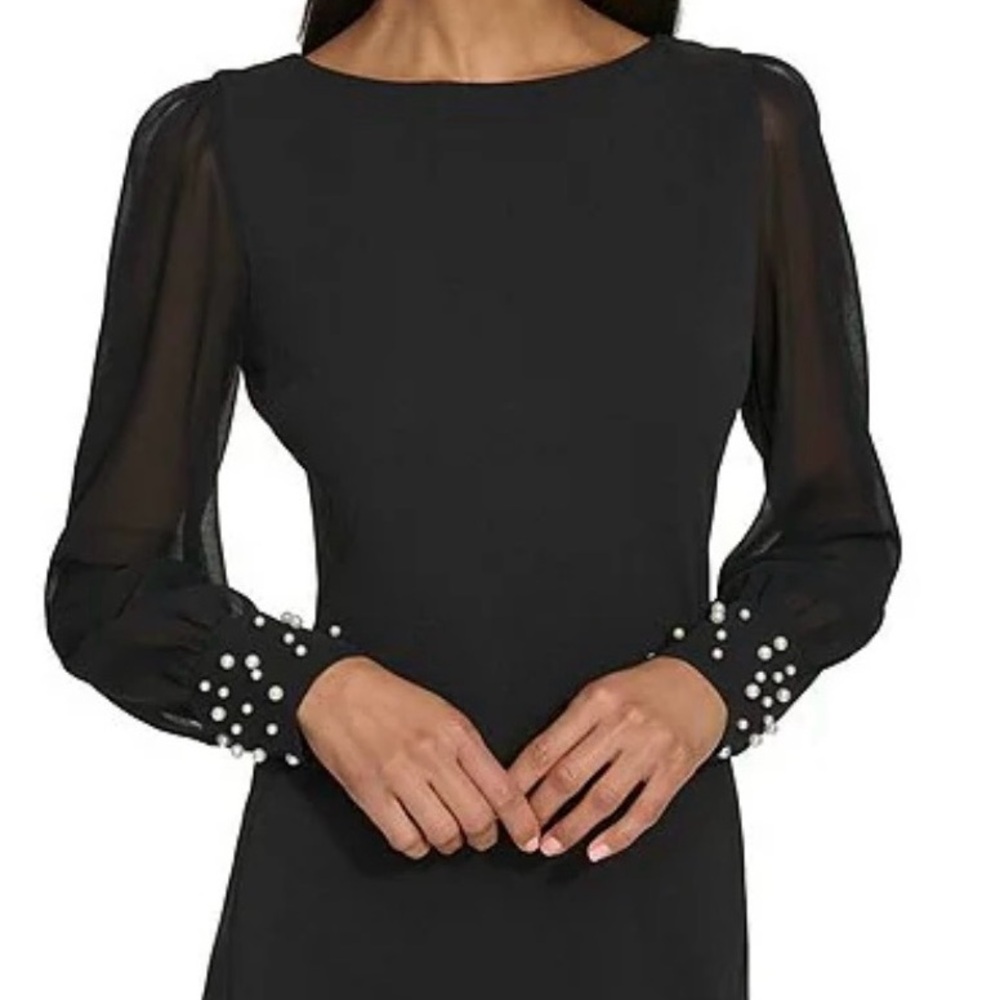 Black Long Sleeve Pearl-Cuff Sheath Dress